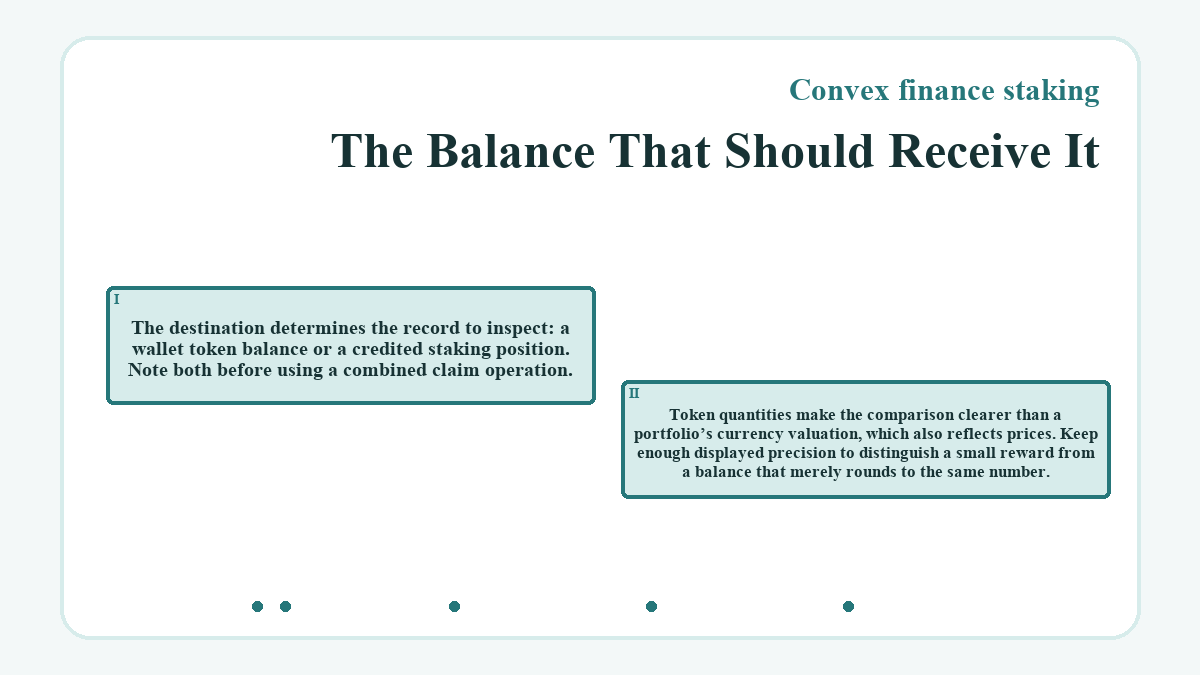 The Balance That Should Receive It: The destination determines the record to inspect: a wallet token balance or a credited staking position. Note both before using a combined claim operation.; Token quantities make the comparison clearer than a portfolio’s currency valuation, which also reflects prices. Keep enough displayed precision to distinguish a small reward from a balance that merely rounds to the same number.